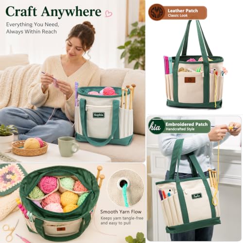 Image of Personalized Crochet Bag with Custom Leather Patch or Embroidered Name, Canvas Knitting Tote for Yarn Storage, Crochet Organizer with Multiple Pockets, Custom Gift for Crocheters & Knitters