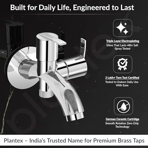 Image of Plantex Pure Brass 2 in 1 Tap for Washing Machine with Water Saving Nozzle for Kitchen Tap /2-Way Bib Cock with Brass Wall Flange & Teflon Tape -7 Year Warranty (AQ-1407-Chrome)