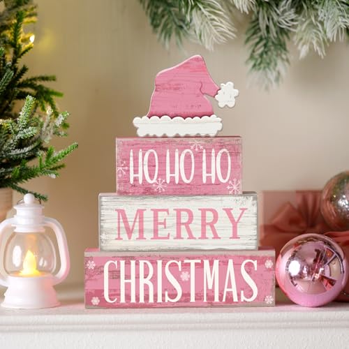 Image of Moucuny 4 Pcs Christmas Table Decorations Pink Santa Hat Decor Christmas Tiered Tray Decor Rustic Wood Pink Hat Block Sign Gift Xmas Table Centerpiece Farmhouse for Home Shelf Kitchen Decorations