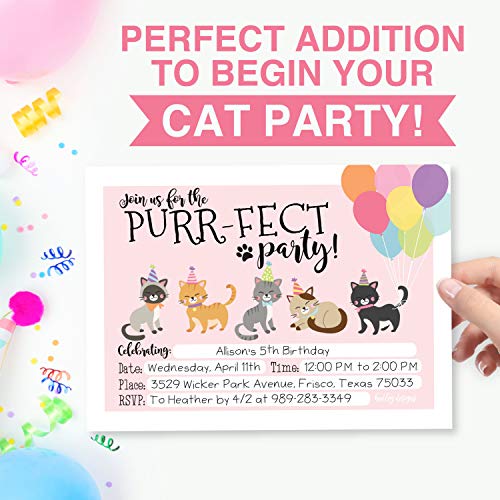 Image of Hadley Designs Kids Birthday Invitations Girl Cats Theme - 25 Cat Birthday Party Invitations For Girls, Purr-fect Invites For Girls, Cute Cats Party Supplies, Made in USA