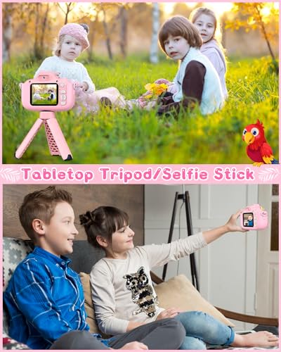 Macchina Fotografica Bambini, GREENKINDER Fotocamera Bambini con Treppiede, 2,0 Pollici 1080P HD Fotocamera Selfie, con Scheda da 32GB e Cordino, Regalo per Bambina 3-12 Anni, Rosa