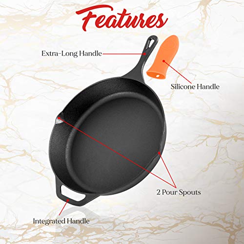 NutriChef NCCI2PCS 10" & 12" Kitchen Frying Pan Nonstick Cookware Set w/Drip Spout Pre-Seasoned Cast Iron Skillet, Aluminum, Ceramic 3 Gallery Image