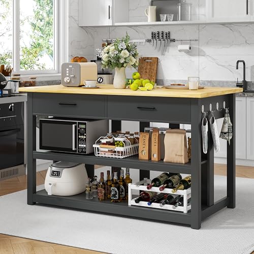 47.3″ Solid Rubberwood Kitchen Island with Power Outlets – Extra Large Work Surface, 2 Drawers & Open Shelves Storage Cabinet for Kitchen Dining Room, Farmhouse Style (Black)