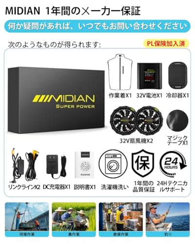 MIDIAN ペルチェ冷却服【2025業界独創 1つ冷却器と扇風機付き 32V超高出力 20000mAh大容量バッテリー】ペルチェ素子冷却技術 最大-22℃冷やす バッテリーセット 冷感服 瞬間冷却 現場 外仕事 猛暑対策 男女兼用 の商品画像 6