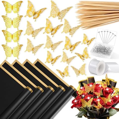 235Pcs Floral Wrapping Paper for Bouquet, Money Bouquet Kit with 20 Sheets Black Flower Wrapping Paper, Butterflies, Rhinestone Pins, Ribbons and Wooden Sticks for Flower Bouquets Cover