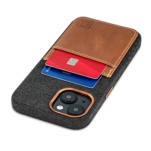 Image of Dockem Fabric Card Case for iPhone 14 with Built-in Metal Plate for Magnetic Mounting, Stitched-on Genuine Leather Wallet with 2 Credit Card /ID Slots: M2F [Grey and Light Brown]