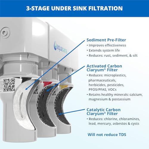 Image of Aquasana Under Sink Water Filter System - Reduces PFAS, Lead, & Chlorine in Drinking Water - Under Counter Claryum Filtration for Kitchen - 3-Stage - Oil-Rubbed Bronze Faucet - AQ-5300.62