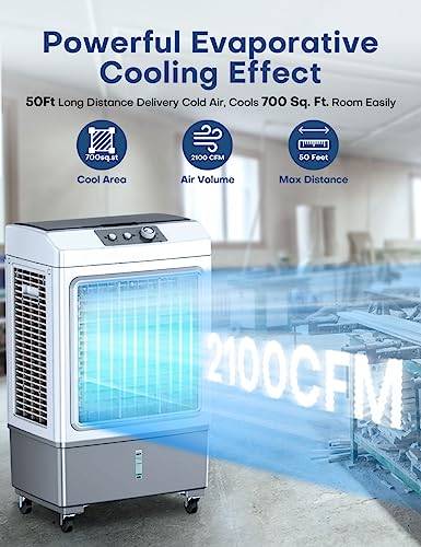 Image of Evaporative Air Cooler, 2100 CFM Windowless Air Conditioner Portable for Room, 3 Speed Swamp Cooler, 4 Ice Packs, 8 Gallon Cooling Fan & 4Scroll Casters, Evaporative Cooler for Garage Outdoor