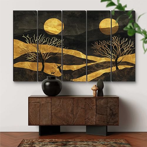 Image of Livin'luxe 5 Panel Abstract Gold Landscape Wall Art | Twin Moon Night Scene with Deer & Trees | Black & Metallic Framed Wall Art for Living Room, Office, Lounge & Modern Luxury (50 x 30 Inch) XL-35421