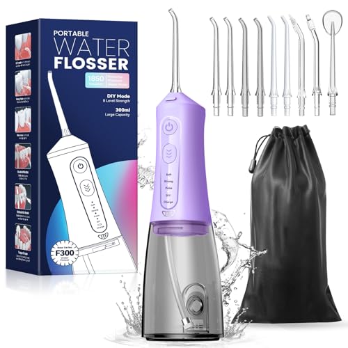 JTF Irrigador dental inalámbrico, limpiador dental eléctrico, portátil, 5 modos y 9 boquillas, USB-C recargable, IPX7 resistente al agua, ganador de la prueba para limpieza en viajes (morado)
