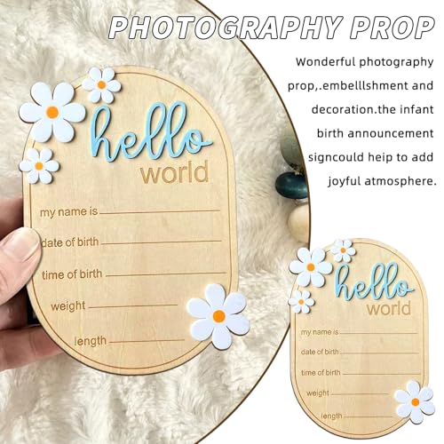 Image of Hello World Newborn Sign, Baby Announcement Sign, Hello World Signs, Newborn Signs Announcement Board for New Baby, Wooden Birth Name Board Decor, Welcome Arrival for Nursery Hospital Girl Boy(Blue)