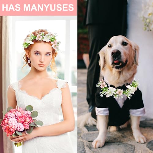 UOCAI Blumenkranz Kopfschmuck, Fliege für Hunde, Hunde Fliege Hochzeit Blumenkranz Kopfschmuck Haarkranz Blumen, Haarreif Blumen für Kopfschmuck Hochzeit, Hund Hochzeit, Foto Requisiten (Rosa)