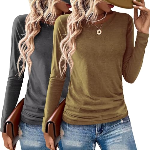 Image of Gihgoew 2 Pack Womens Tops Crewneck Soft Long Sleeve Shirts Fall Clothes Casual Tshirts Basic Tee