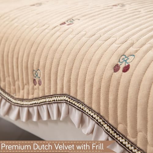 Image of HOKIPO Premium Dutch Velvet Sofa Cover Mat with Frill for 1 /2 /3 Seater and L Shape Sofa. Make Your Own Sofa Cover Set, Mat Length 90(D) x 220(L) cm, Caramel Beige (NEW-AR-5741-BGE)