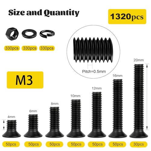 Image of 1320pcs M3 Countersunk Screws Assortment Kit, M3x4 /6 /8 /10 /12 /16 /20 mm Phillips Flat Head Bolts and Nut Assorted Set, Machine Screws Grade 8.8 Alloy Steel Black Zinc Plated