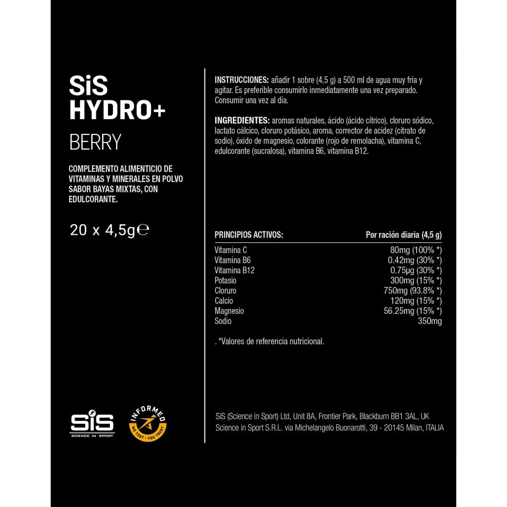 Science in Sport HYDRO+ Electrolyte Drink Mix 20x4,5g Frutos del bosque - Electrolitos en polvo veganos, Bebida deportiva en polvo con vitamina C y 5 electrolitos importantes