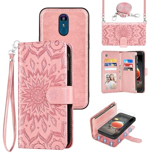 Phone Case for LG Aristo 2 3 Plus/Rebel 4 LTE/Tribute Empire Dynasty/Zone 4/K8 Plus 2018 K8S/Fortune 2/Phonenix 4/Risio 3 Zipper Wallet Magnetic Cover with Screen Protector Strap Card Holder Rose Gold