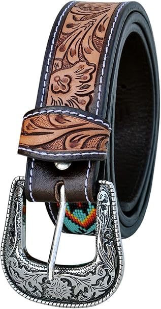 Men's Handmade Beaded Leather Belt Quality Thick Durable Wax Colorful Designs Cowboy Western Style Alloy Classic Fitted Casual Formal Wear in Pant Trouser Jeans Size: W-40-43/L-51in2
