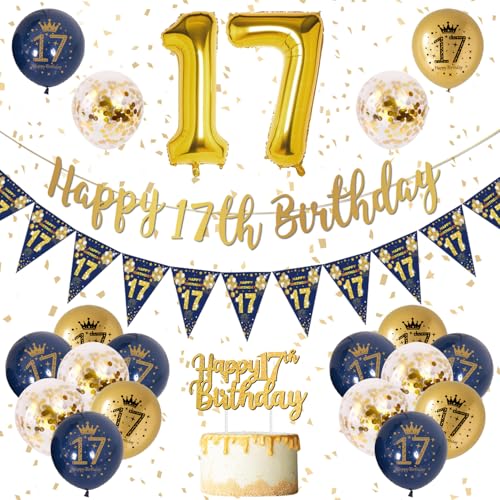 17 anos decoração de aniversário menino azul bandeira de ouro de feliz aniversário, balões de aniversário azul dourado, balões de 17 grandes, balão confetes decoração de festa de aniversário para