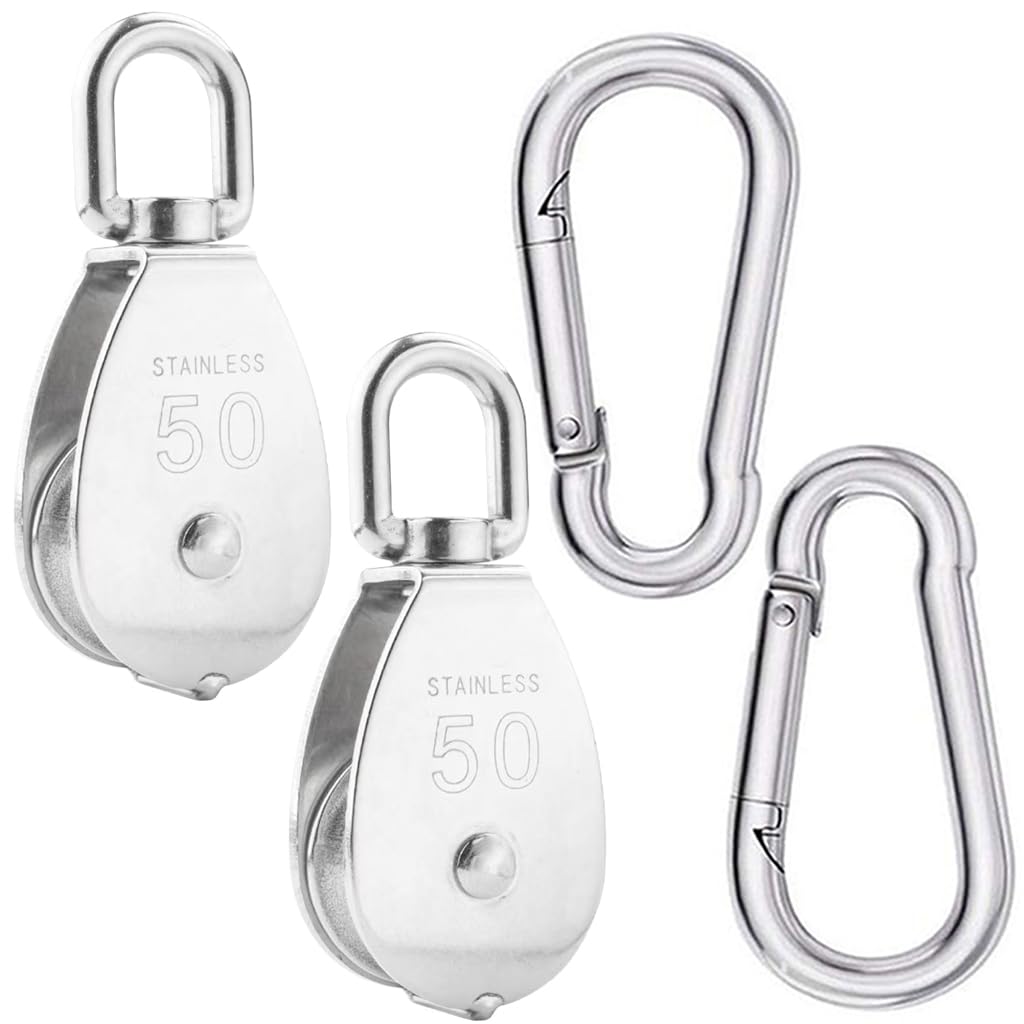 2PCS Stainless Steel M50 Single Pulley Block Sets with Spring Snap Hook, Lifting Crane Single Wheel Swivel Snatch Pulley Block Sheave Pulley Roller,Loading 880lbs/400kg (M50-2PCS)
