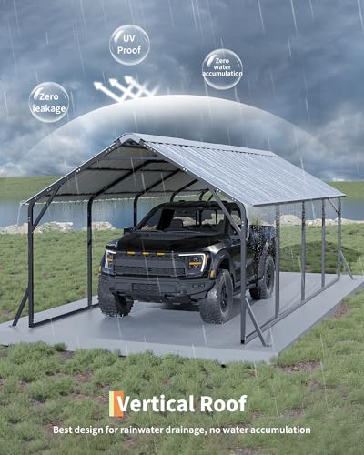 Image of Garveelife 11'x20'x9' Metal Carport, Heavy Duty Steel Car Ports for All-Weather, Vertical Roof Design, for Full-Size Pickup Trucks, Boats, and Tractors