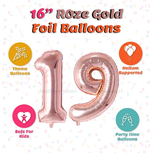 Image of Rozi Decoration 16? Inch Rose Gold 19 Number Foil Balloons for 19th Birthday Decorations | 19 Balloon for Birthday | 19 Number Balloon for Anniversary Decoration Pack of 2 Pcs