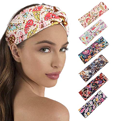 Preisvergleich Produktbild Fashband Bohe geknotetes Stirnband bedruckt breites stilvolles Haarzubehör Yoga Turban Haarwickel für Frauen und Mädchen (6er Pack)