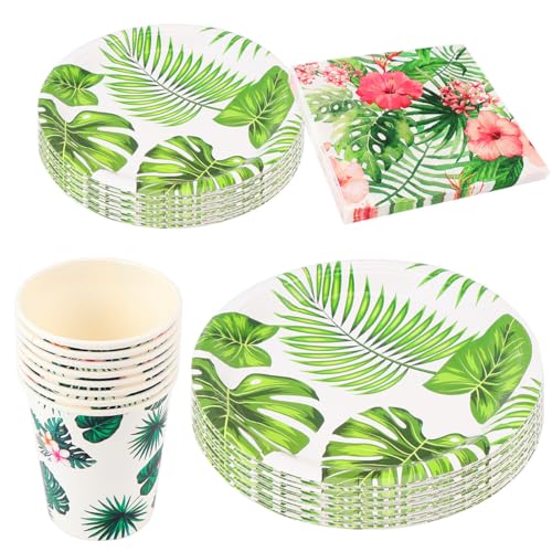 Ciieeo Vajilla de Fiesta Hawaiana de Papel Verde Platos para Servir Comida y Decoración Creativa, Adecuado para Fiestas en Casa y Cumpleaños