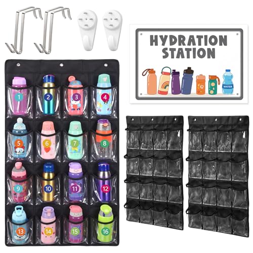 2 Pcs Water Bottle Organizer for Classroom 32 Holders over the Door Storage Rack for Cup and Various Sizes with Hydration Station Sign Sticker(PVC,Classic,Black)