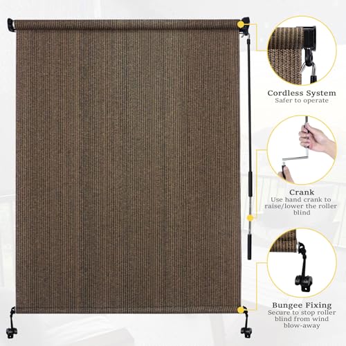 Image of Custom Size 75'' W x 96'' H Outdoor Roller Shades, Cordless Patio Roll Up Outdoor Blinds with UV Protection, Exterior Sun Shade Cloth for Porch, Gazebo, Balcony, Pergola, Mocha