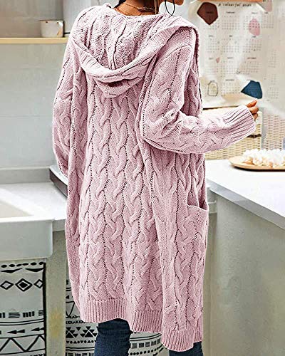 Women's Cable Knit Long Sleeve Sweater Cardigan Open Front Long Cardigans Pocket Hooded Casual Outwear Pink4