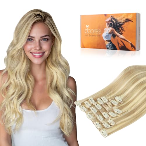 Image of DOORES Clip in Human Hair Extensions, Dirty Blonde Highlight Golden Blonde 24 Inch 120g 7pcs, Human Hair Clip in Extensions Natuarl Remy Straight Hair