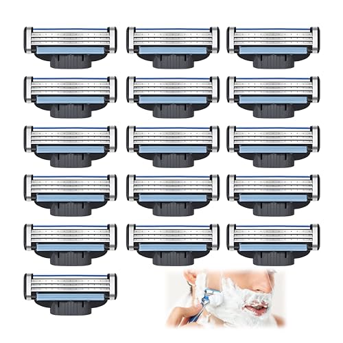 16 Piezas Cuchillas de Afeitar, Turbo Cuchilla Recambio Cuchilla para Hombre de 3 Cuchilla con Doble Tira de Lubricación Men Shaver Blade Duraderas y Ajuste Perfecto para Padre Novio Diario