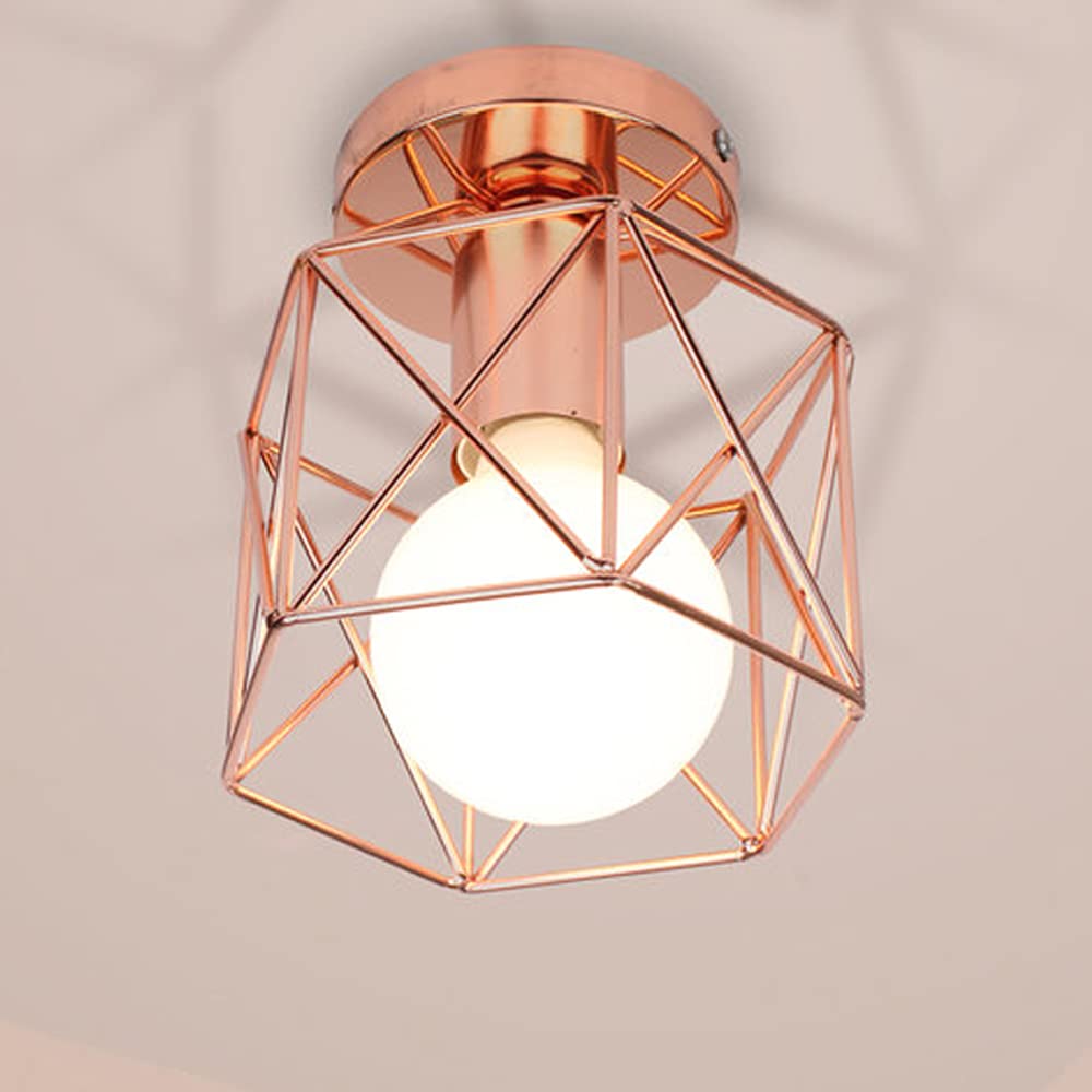 iDEGU Retro Metal Ceiling Light, Vintage Industrial Geometric Cage Pendant Light Shade E27 Light Fitting Kitchen Bedroom Hallway Entryway (Rose Gold, 15CM)