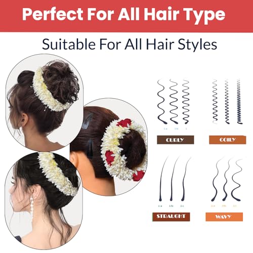 Image of Temperia (2 Pcs) Scented Mogra Gajra Hair Accessories For Women & Girls - Hair Flower Bun Artificial Fake Gajra Scrunchies Rubber Band - Premium & Voluminous, 1 Pc Red Petals & 1 Pc White