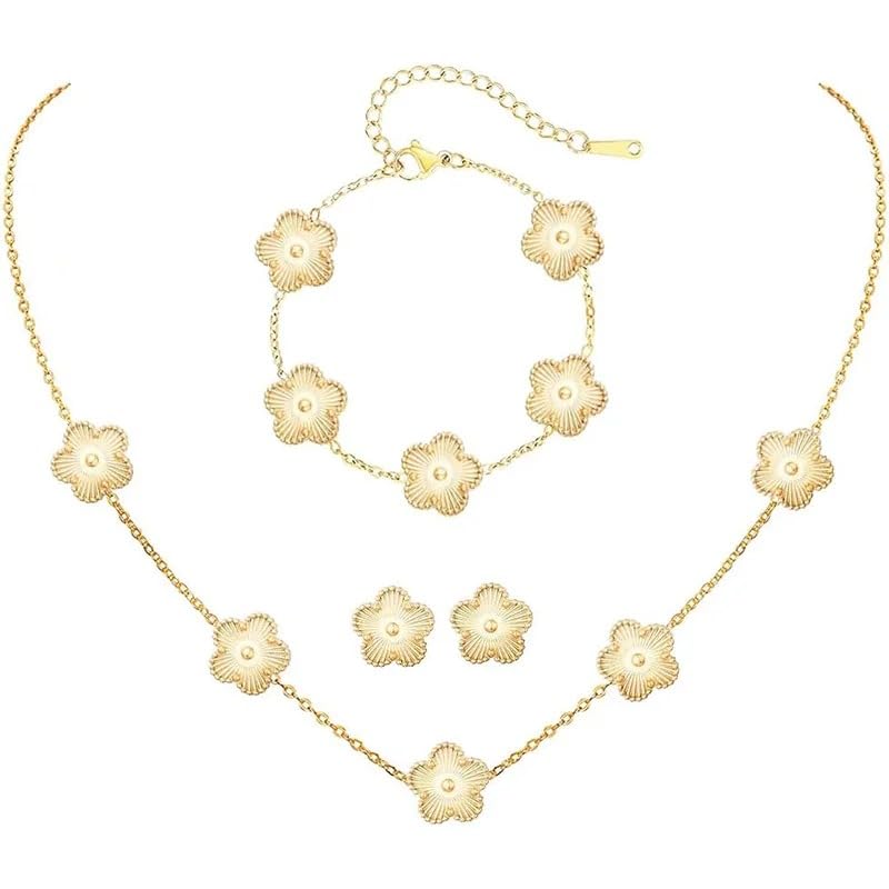 Lucky Clover Necklace Jewelry Sets,18K Gold Plated Flower Design Five Leaf Bracelet,Clover Necklace Pendant,Clover Earrings for Women Lucky, 4 Leaf Clover Necklace