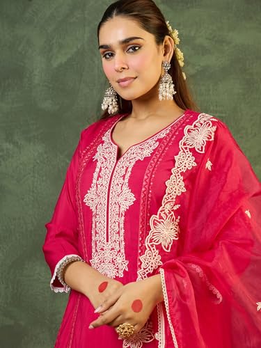 Image of INDO ERA Women's Silk Blend Ethnic Motifs Embroidered Straight Kurta & Pant with Dupatta Set (RRSTR10158)