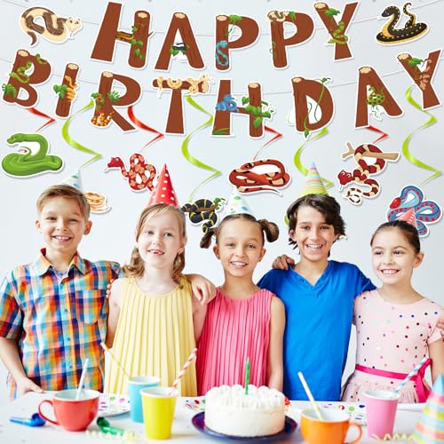 Image of Snake Birthday Party Decorations - 8PCS Snake Reptile Bday Banners with Hanging Swirls Decorations Jungle Wild Safari Animals Decor Supplies