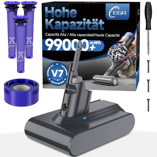 EGR Améliorée V7 Batterie Compatible pour Dyson V7 Motorhead/Animal/Trigger/Fluffy/Absolute/Car+Boat SV11 Aspirateur Batterie avec 4 Filtres et 3 Vis