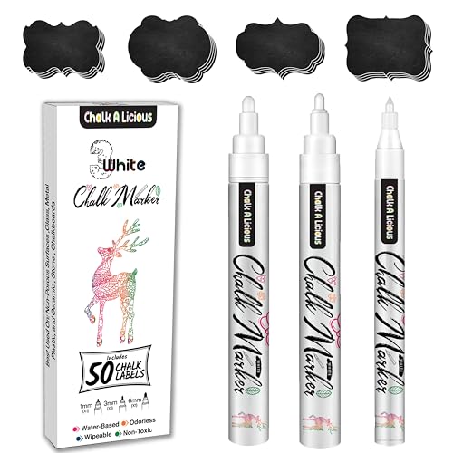 Chalk A licious 3x White Chalk Pens for Blackboards with 50 Black Labels - Liquid Chalk Markers - 1x(1mm 3mm 6mm) - Reversible Tips Bullet & Chisel