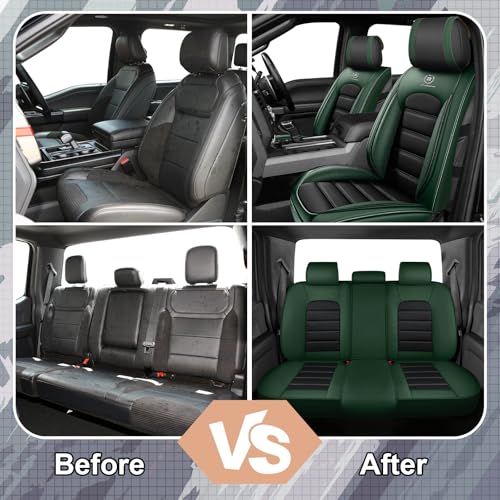 Image of Full Set Car Seat Covers for Ford F-150 F-250 F-350 XL XLT STX Lariat King Ranch Platinum Raptor Seat Covers 2007-2026, Waterproof Seat Protectors(Standard 5 Seats /Black&Green)