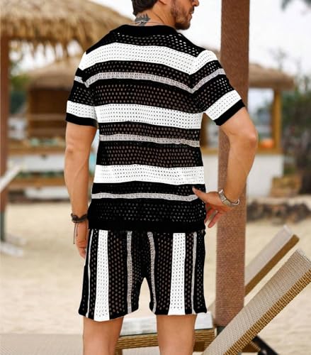 Men's Hollow Out Striped Design Crochet Knitted Two-Piece Set Summer Fashion Knitwear for Men2