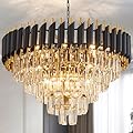 Aixialin 10-Light Large Crystal Chandelier 24" Dining Room Light Fixtures 5 Tiers Flush Mount Black and Gold Chandelier Round Large Chandeliers for Dining Room Living Room Kitchen Entryway Foyer
