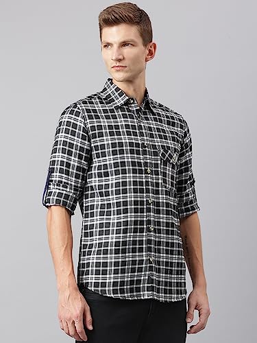 Image of Thomas Scott Men's Polyester Checkered Slim Fit Casual Shirt with Spread Collar and Long Sleeve (TS1045 Wood)