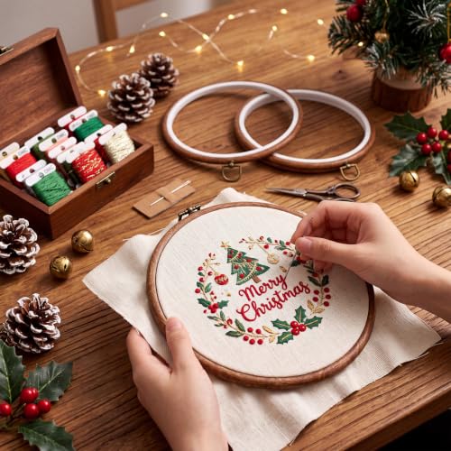 Image of Burbell 3 Pcs 8.7 Inch Pcs Spring Round Embroidery Hoops Frame Circle Rubber Hoops Ring Display Cross Stitch Ornament Imitated Wood Frame Kits for Christmas in July Craft Sewing DIY Hanging Gifts