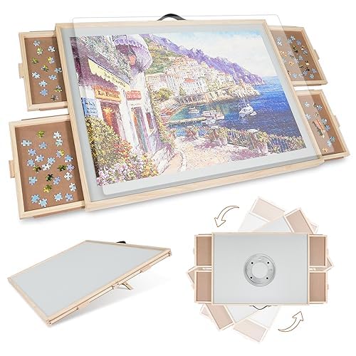 1500 Pieces 2 in 1 Tilting and Rotating Puzzle Board for Adults, Wooden Puzzle Table with 4 Drawers 64 x 87cm, Portable Board with Lazy Susan and Cover