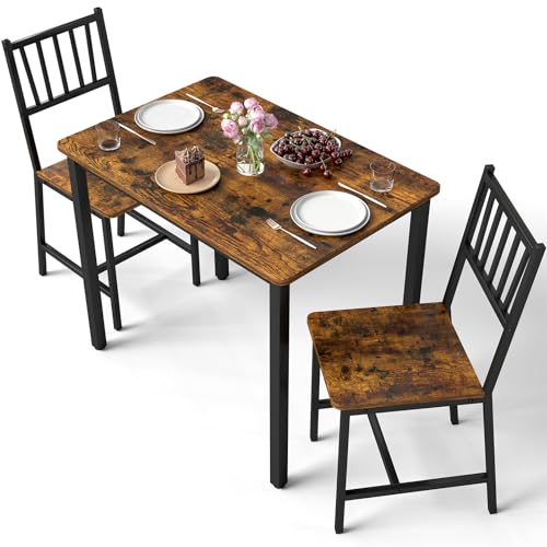 Yafylly Small Space 3 Piece Dining Table Set for 2, Compact Kitchen Table Set with 2 Chairs & Adjustable Feet, Modern Breakfast Nook Furniture for Apartment, Dorm, or Home, Rustic Brown