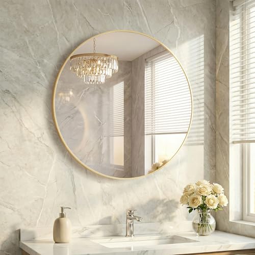 HAPPYMONT 20 Inch Gold Round Bathroom Wall Mirror Round Mirrors for Wall Decor Circle Mirror for with HD Shatter-Proof Glass for Entryway Living Room Bedroom Dressing Room Home Decor