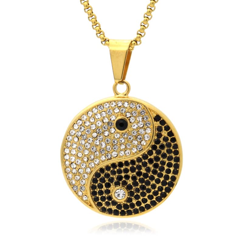 PEAS18K Gold Plated Jewelry Tai Chi Necklace Stainless Steel Yin Yang Pendant Iced Out Necklace