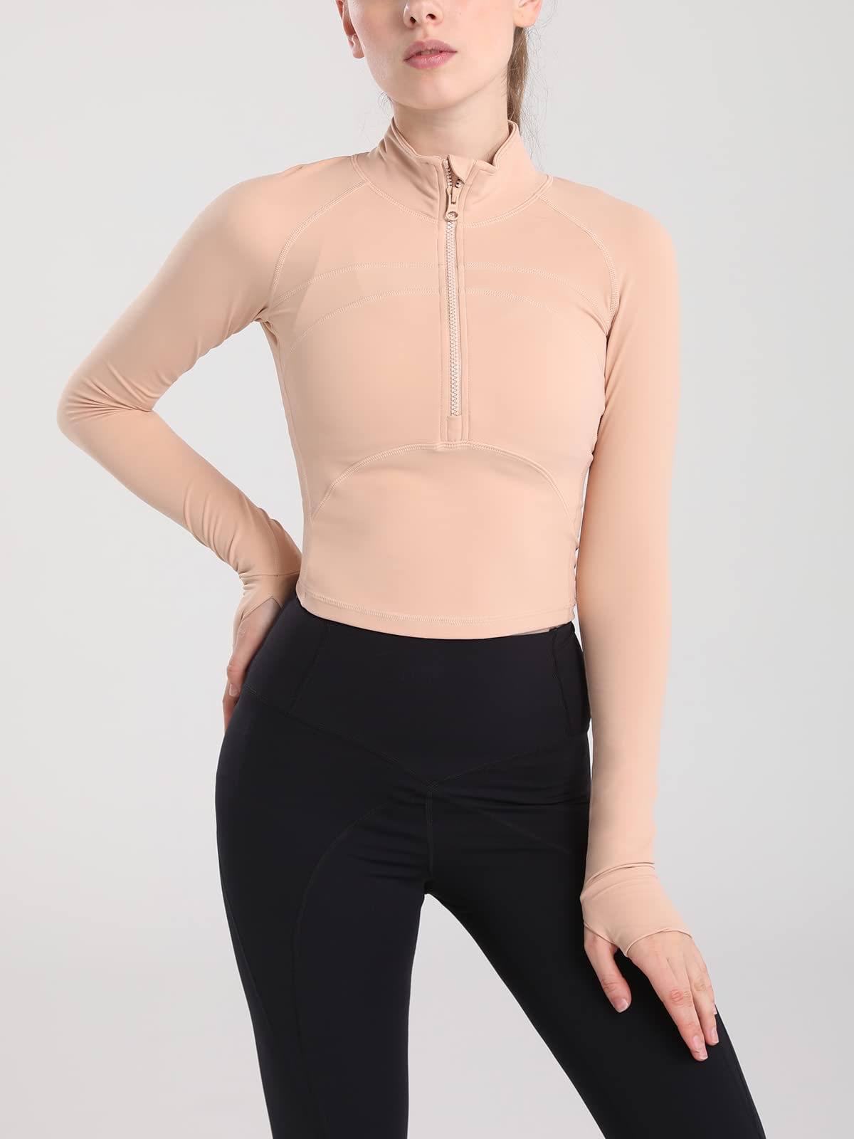 Heyielda Women Athletic Jacket Quarter Zip Pullover Cropped Workout Jacket Yoga Running Gym Shirt (Nude, Large)